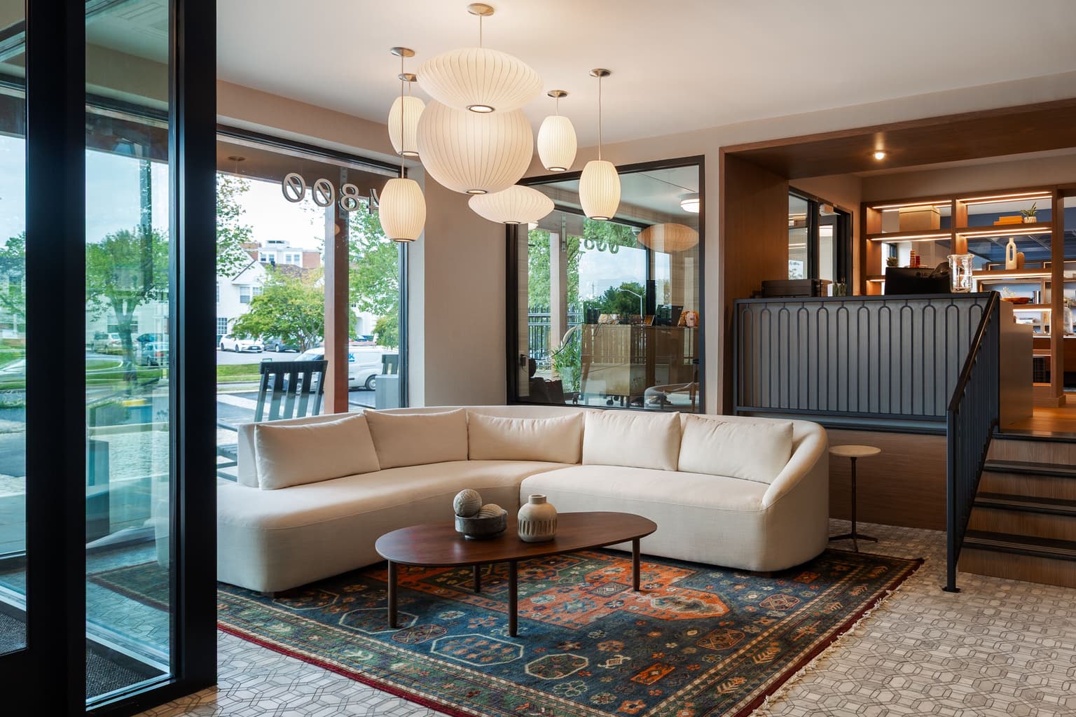 lounge area by windows in lobby