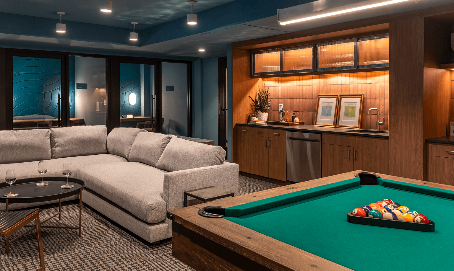 lounge room with pool table and private study rooms